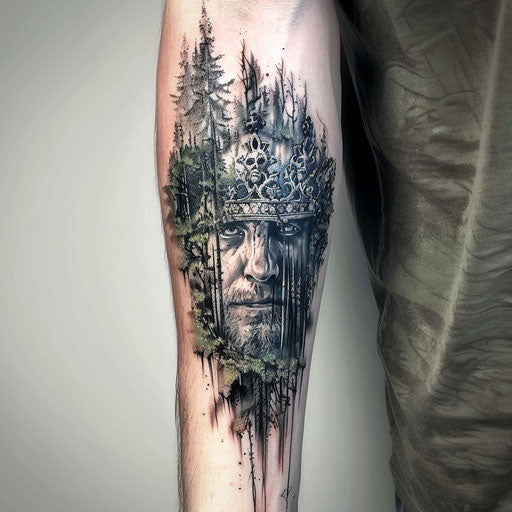 Surreal king tattoo blending nature and royalty elements