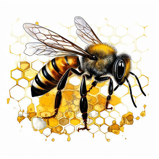 Drawn bees on white background, detailed sci-fi style