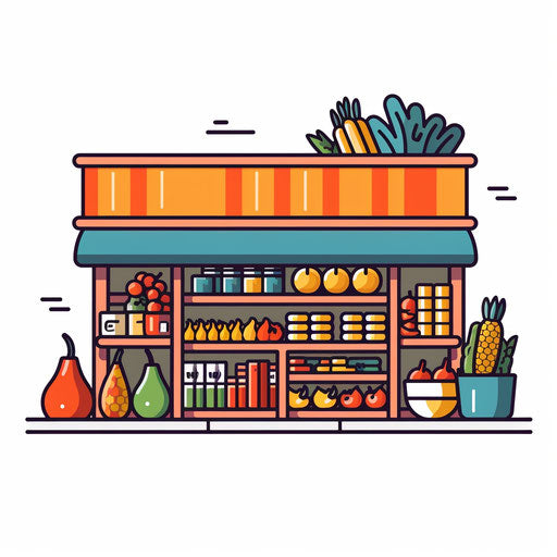 Minimalist-style grocery store clipart on white background