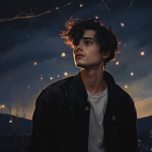 Person standing outside at night with hair in face