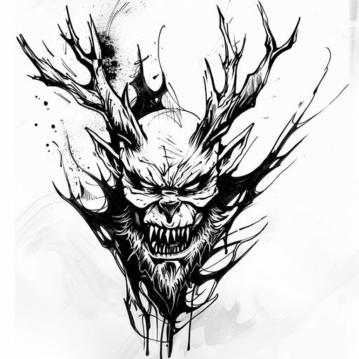 Bold flat tattoo sketch of a Wendigo's face