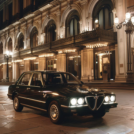Alfa Romeo Alfasud transformed into luxurious limousine, waiting outside grand opera house.