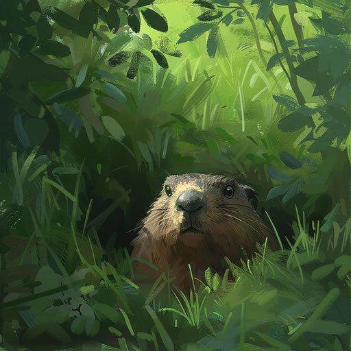 Groundhog emerging from burrow in lush green meadow