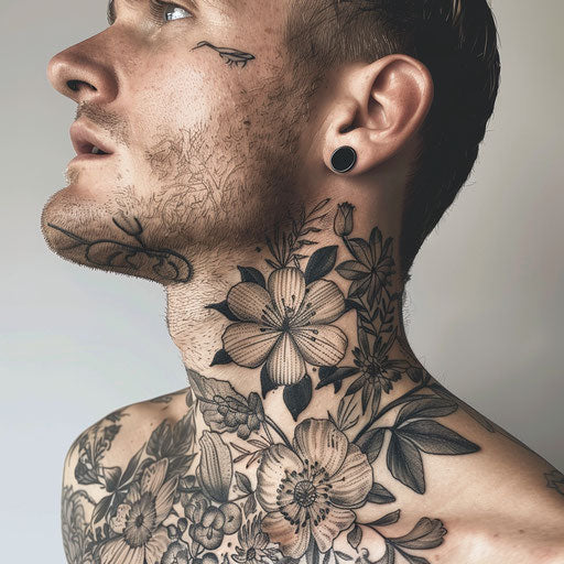 Men's neck tattoo with detailed botanical illustrations, in the style of Maria Sibylla Merian