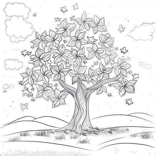A whimsical tree with star-shaped leaves