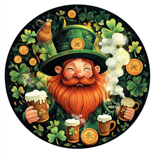 Irish celebration with leprechauns, gold coins, beer