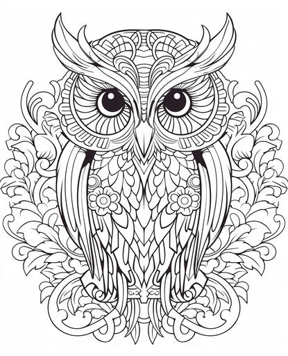 Adult coloring page with an owl, sophisticated ornamentation