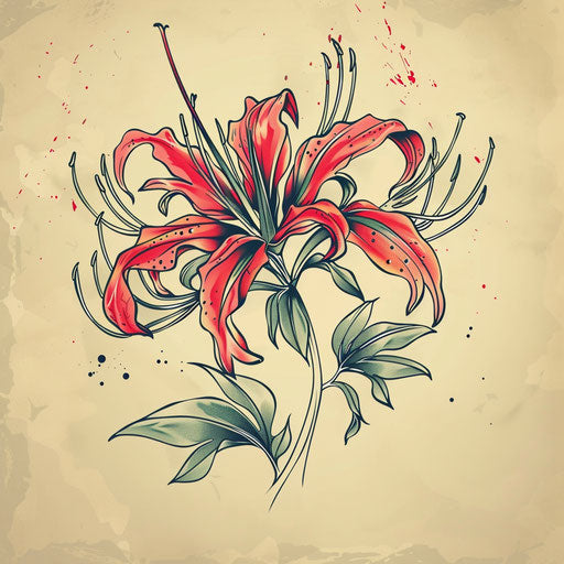 Retro 1950s style tattoo sketch of a red spider lily with pastel colors and a nostalgic feel