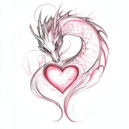 Dragon wrapping around heart in pink and red on white