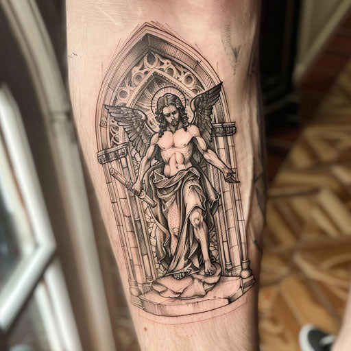 Saint Michael tattoo inspired by Gothic architecture