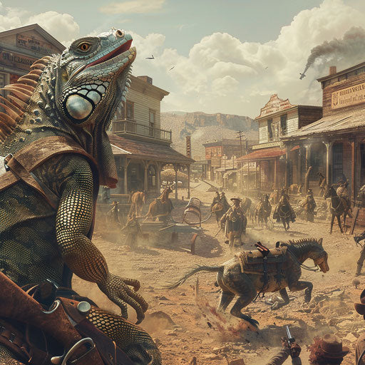 The iguana sheriff and outlaws in a dusty Wild West town.