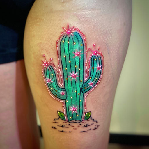 Flat rustic tattoo sketch of a neon cactus with vibrant green and pink lights