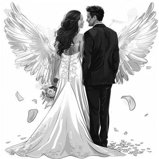 Bride and groom in photo realistic style with random flat background