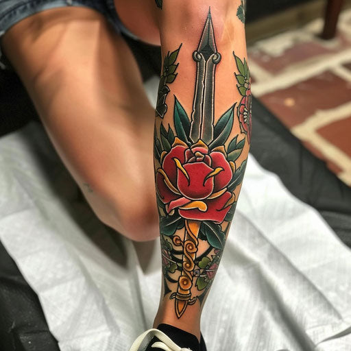 Knee tattoos in Ed Hardy style with classic dagger and rose