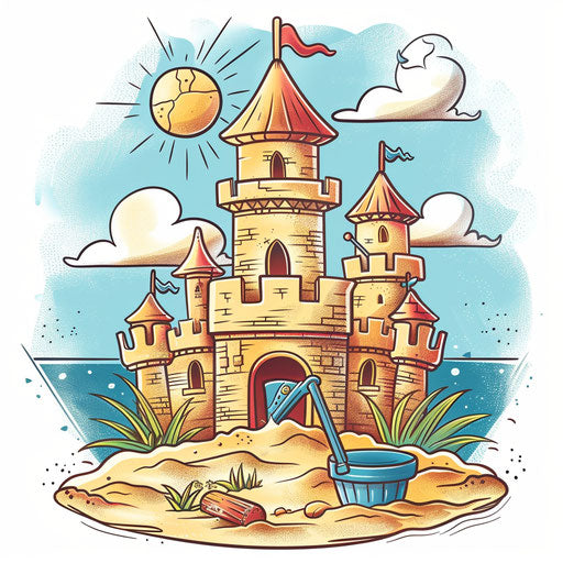 Playful tattoo sketch of a sandcastle with beach background, bucket and spade, in sunny yellows and blues in cute clipart style