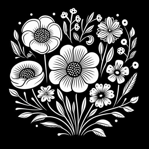 Black and white flower outline, naive art, minimalist style