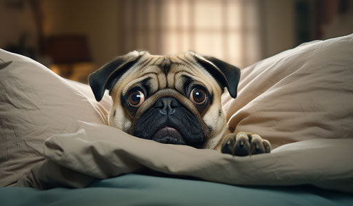 A pug under a soft pillow, expressive body language style