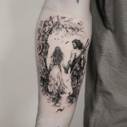 Couple tattoo with epic fantasy characters holding hands