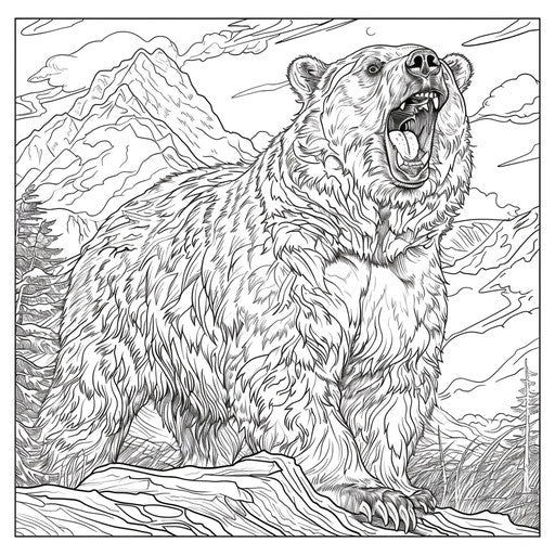 A brown bear roaring with a majestic background