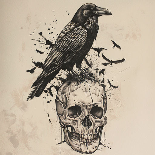 Flat tattoo sketch inspired by Gothic of a raven on a human skull