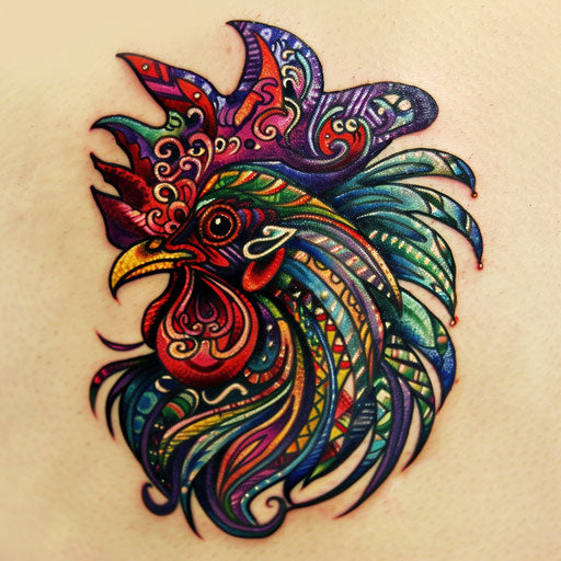 Psychedelic rooster tattoo on white background