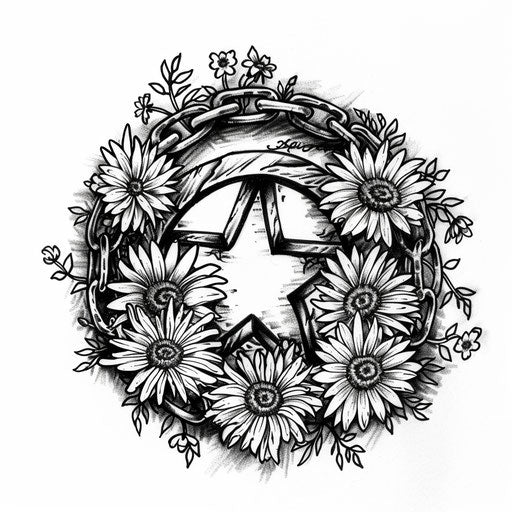 Anarchy symbol surrounded by a daisy chain