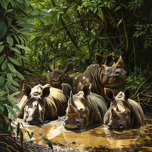 West African black rhinoceroses cooling off in a muddy waterhole