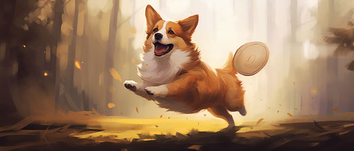Corgi running, chasing a frisbee in the park