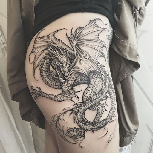 Mythical dragon thigh tattoo in the style of Glenn Fabry