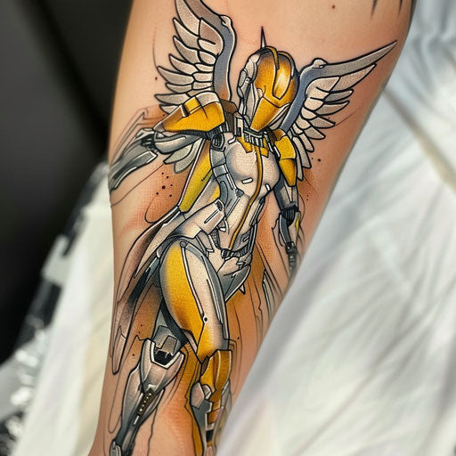 Futuristic guardian angel with sci-fi elements and metallic shades