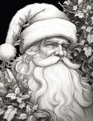 Santa Claus coloring pages with beard and mustache, printmaking style, Ilford Pan 400, close up, animated gifs, Franklin Booth, 70mm 24:31