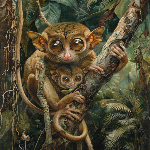 Tarsier with baby in a tropical forest