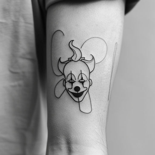 Minimalist line art tattoo of a clown on white background