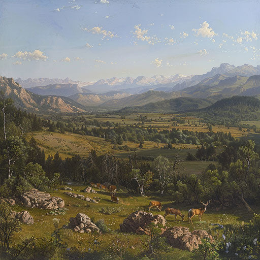 Panoramic view of a mountain range, habitat of white-tailed deer, with a herd grazing on a distant hillside