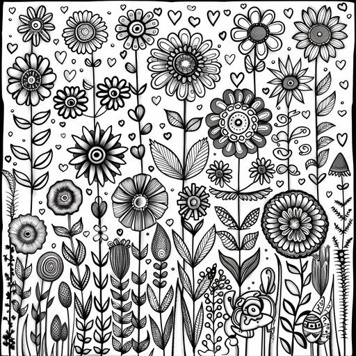 Whimsical garden with countless flowers, intricate design