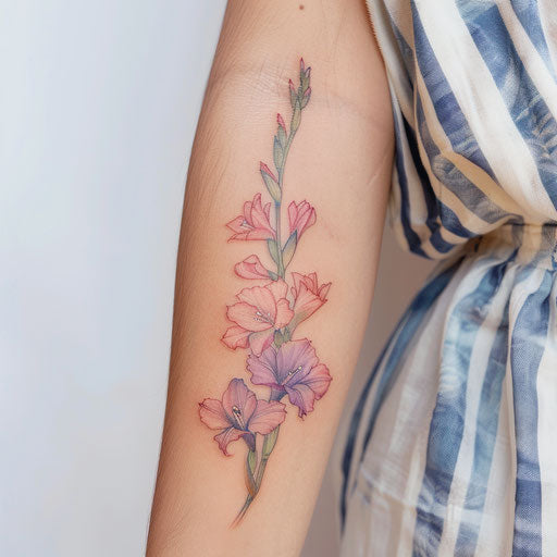 Illustrative gladiolus tattoo with a whimsical touch
