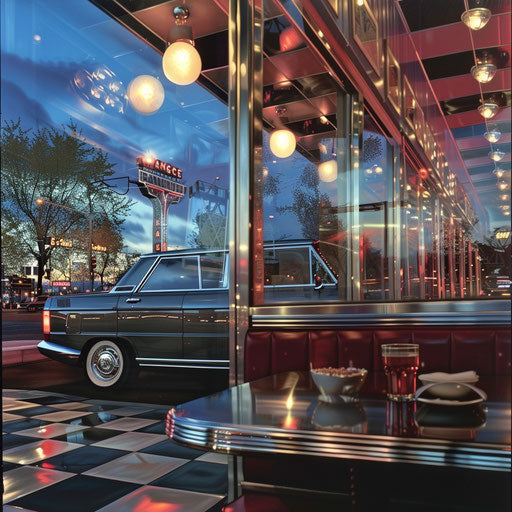 Reflection of a 1980 Range Rover in the polished chrome of a classic diner, evoking a sense of nostalgia and timeless style.