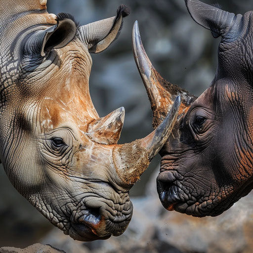 West African black rhinoceros facing off with another animal
