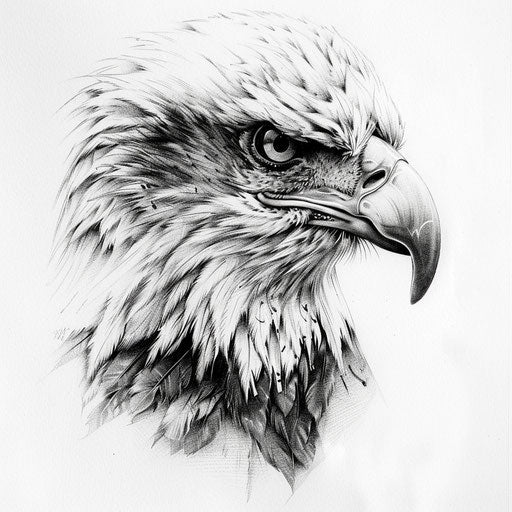 Realistic eagle head tattoo design, detailed feathers, eyes, white background