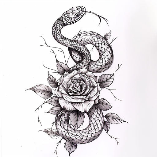 Tattoo sketch of a snake coiled around a rose
