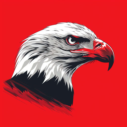 Bold eagle logo with strong typography on a bright red background