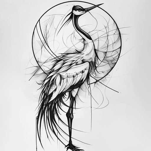 Graphic tattoo sketch of an oriental crane with sharp and modern lines