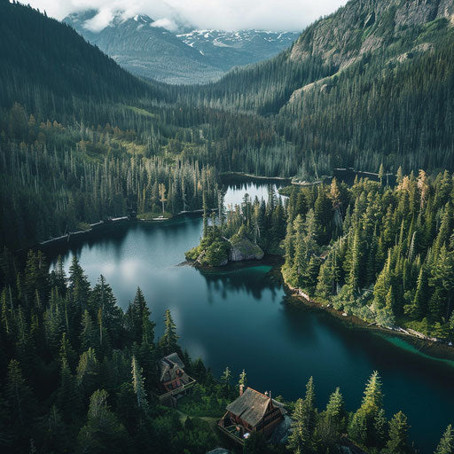 Aerial view of a lodge by a mountain lake, nestled in dense forests
