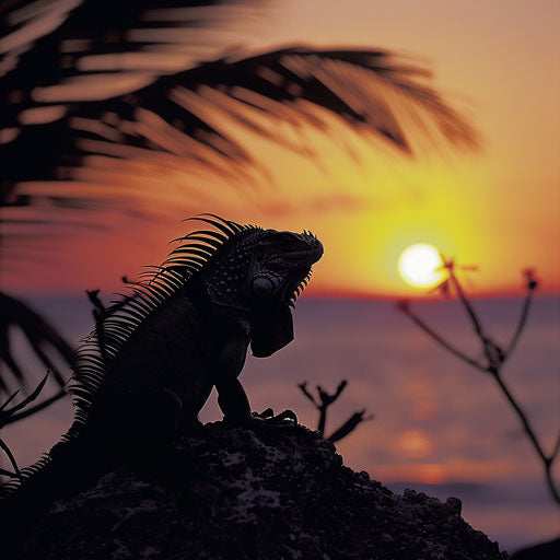 Iguana silhouette at sunset on a tropical island