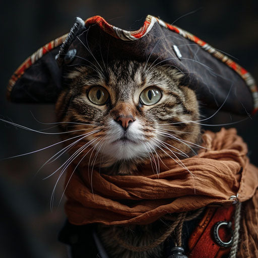 Pirate cat with cape hat, maroon amber icepunk style