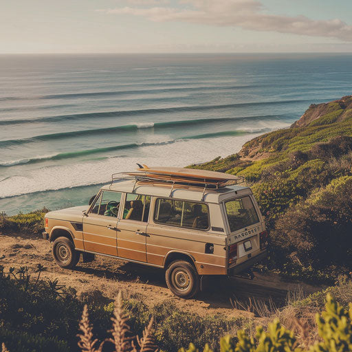 Vintage SUV and surfboard on coastal cliff