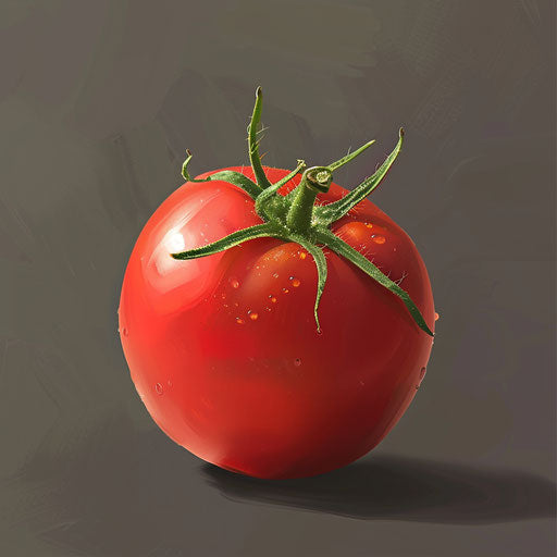 Tomato clipart in photo realistic style with a flat random background, ethereal glow and soft edges