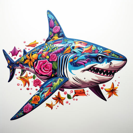Colorful stylized shark, ornate pattern, high resolution