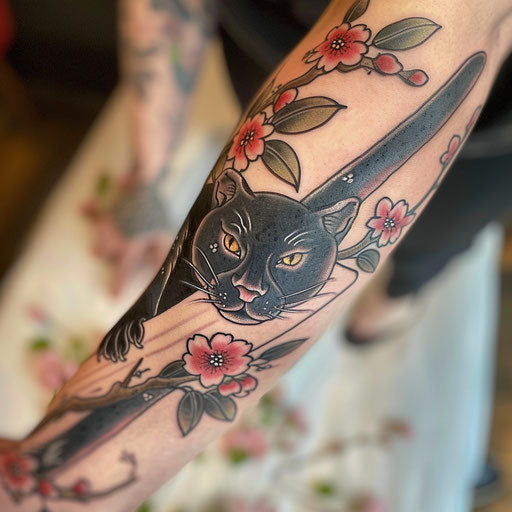 Traditional Japanese panther tattoo with sakura blossoms on white scroll
