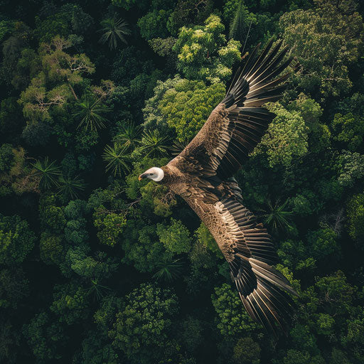 White-rumped vulture soaring over dense forest canopy